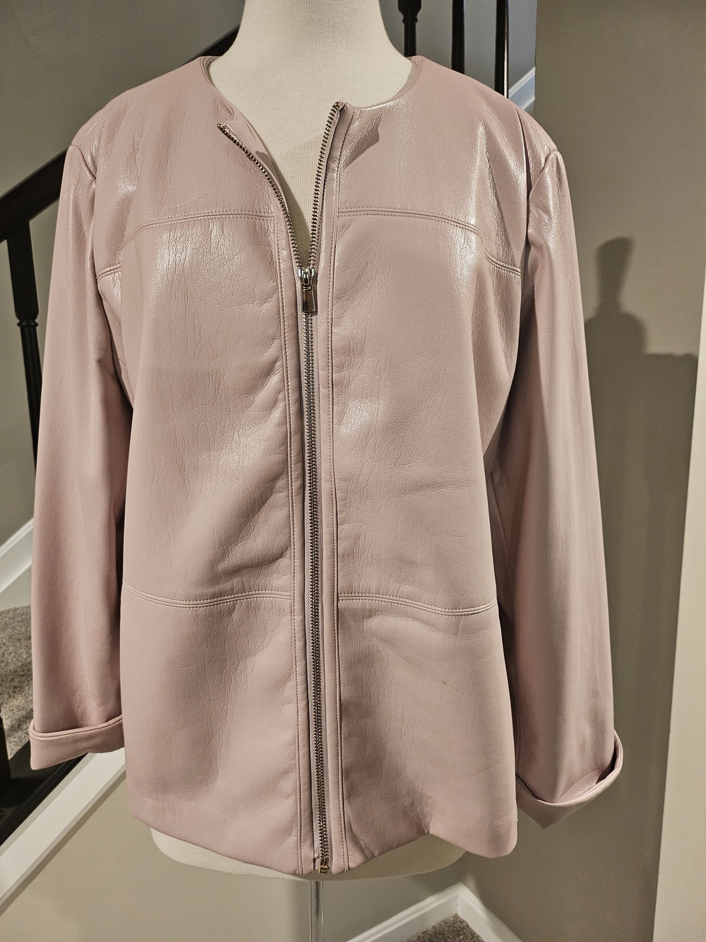 Chico’s Women’s Pink Faux Leather Collarless Zip-Front Jacket-Chico’s 3 = 16/18